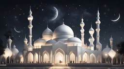 Hyper Realistic White-&-Silver-Mosque with beautifully-crafted-domes-&-minarets & light-lamp-stand at beautiful dark night with stars on sky & few men worshiping