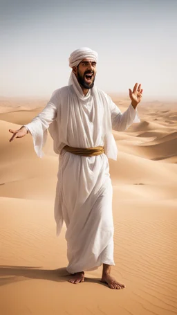 An Arab man in the desert, insulting and mocking some men