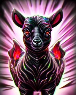 Comic book art style black lamb with red eyes, contrasting green meadow, cartoonist, digital portrait, dark fantasy, black iridescent skin, holographic, shiny, PVC texture, wet look, anime, gothic