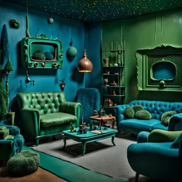 Detailed cozy living-room made of modeling clay, odd furnitures, naïve, strong texture, TV studio 1950's shot, extreme detail, Max Ernst, green and blue moody colors, sparkles, Yves Tanguy, odd