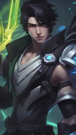 A close picture to Asian young man, black soft hair, aphelios, master weapons, neon weapons, his sister ghost behind him, league of legends art style