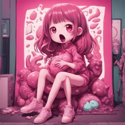 a cute creature in front of a big poster of a "Anime girl crushed inside really darkred fleshy stomach filled with digestive juices, sit pose, fullbody, serius, slobbe, Junji Ito style, pink tones, pastel tetradic colors, 3D vector art, isometric style, retro aesthetic,rolling eyes, tongue out, saliva drip, open mouth," cinematic, a city in the background