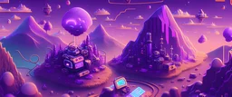 3D retro tiny cute electronics, chat bubbles, gamer city, complicated, psychedelic, purple tones, fantasy landscape, paradise, magical, high quality, 8k, digital painting, single pathway to heaven, mountains, mosaic