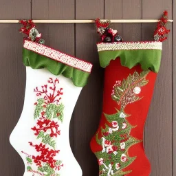 exquisite whimsical christmas stockings in embroidery hoop, intricate, highly detailed, linen and wood backdrop