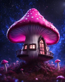 An illogically floating mushroom house on a clear night. white blue pink, Stars Dark cosmic interstellar. Detailed Matte Painting, deep color, fantastical, intricate detail, splash screen, hyperdetailed, insane depth, concept art, 8k resolution, trending on Artstation, Unreal Engine 5, color depth, backlit, splash art, dramatic, High Quality Whimsical Fun Imaginative Bubbly, perfect composition