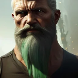 "MIddle aged white human male, with a trimmed but uneven beard, piercing green eyes with slick back hair head and shoulders portrait, 8k resolution concept art portrait by Greg Rutkowski, Artgerm, WLOP, Alphonse Mucha dynamic lighting hyperdetailed intricately detailed Splash art trending on Artstation triadic colors Unreal Engine 5 volumetric lighting Splash art fantasy"