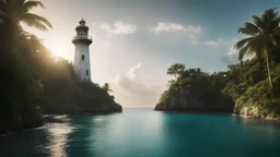 Photoreal magnificent below the azure water surface of the sea clear sky shot of a gargantuan enormous towering medieval light house on an exotic caribbean jungle island at mid-summer golden hour by lee jeffries, otherworldly creature, in the style of fantasy movies, photorealistic, shot on Hasselblad h6d-400c, zeiss prime lens, bokeh like f/0.8, tilt-shift lens 8k, high detail, smooth render, unreal engine 5, cinema 4d, HDR, dust effect, vivid colors