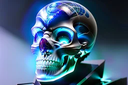 A glass headed skull with glowing sapphire eyes wearing a futuristic headset, 8k resolution concept art portrait by Greg Rutkowski, Artgerm, WLOP, Alphonse Mucha Boris Vallejo dynamic lighting hyperdetailed intricately detailed Splash art trending on Artstation Unreal Engine 5 volumetric lighting