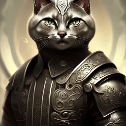 Character design, anthropomorphic cat dressed as a Shaolin, dark, evil, furious, epic, intricate details, finely detailed armor, silver, golden