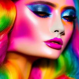 masterpiece, best quality, woman, sparkling eyes, fluorescent skin, colorful makeup, blond flutter hair, highly detailed body, sun light, 4K, RAW, depth of field, high contrast, realistic details, 24mm