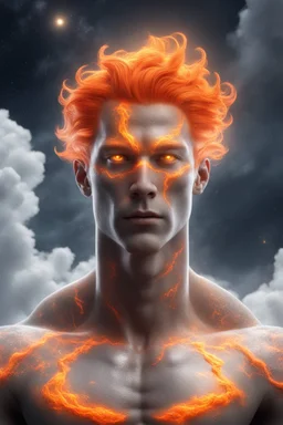 a slim muscular god with galaxy's in his eyes, glowing orange hair that looks like it's made of the sun, a light gray body made of clouds with glowing cracks of orange within it in cloud patterns. realistic 4k