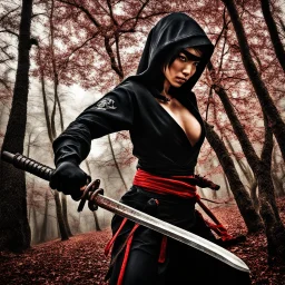 Behold the powerful alluring and pretty ninja woman, her body adorned with the traditional ninja costume and a katana, HDR, beautifully shot, hyperrealistic, sharp focus, 64 megapixels, perfect composition, high contrast, cinematic, atmospheric, moody