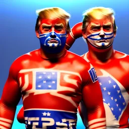 Realistic image of Donald trump wrestler, Mexican wrestling style, eyes mask, red and blue breeches, glow confederate flag dress, suspenders, retro style, 80s, vibrant color, highly detailed, sky background, concept art, unreal engine 5, god rays, ray tracing, RTX, lumen lighting, ultra detail, volumetric lighting, 3d, finely drawn, high definition, high resolution.