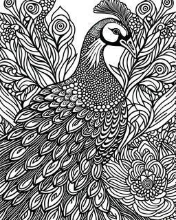 peacock, no cooler , black and white, line art, adult book pages