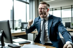 corporate man in office i screaming at employees. Swedish looks. Sign with the text ICA in the background.