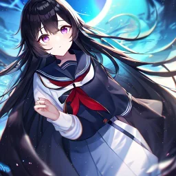 Clear focus, High resolution, Black long fluffy hair, purple eyes, wearing a sailor uniform, shattered rainbow in triagle formation