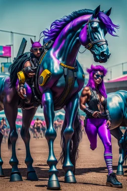 close up on full figure hi tech colombian cyber punk mafia on Ceres track field with some joker wild horses