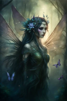 Blomde hair , , dark Fairy wings Purple hair,water lilies,dark fairy princess,nymph,elven crown,dragonflies,tiara,,gothic,glitter,rapunzel hair, very long hair, sparkle