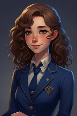 Lila is a young woman with a slender frame and an aura of quiet confidence that radiates from her every step. Her chestnut curls cascade down her back in gentle waves, framing a heart-shaped face adorned with warm, hazel eyes that sparkle with curiosity and determination. She is dressed in a neatly tailored, navy-blue apprentice's uniform, complete with a crisp white blouse and a vest adorned with intricate golden embroidery