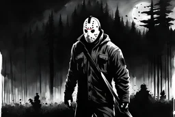 Jason from The Friday The 13th series, negative black and white Speedpaint with large brush strokes by, Junji Ito, Ismail Inceoglu, Gazelli, Kouta Hirano, Takato Yamamoto, paint splatter, white ink, a masterpiece, 8k resolution, trending on artstation, cute, gothic horror, terrifying, highly detailed and intricate
