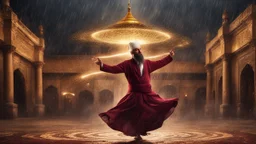 Hyper Realistic photographic-view of a Sufi Whirling with Golden & Maroon Islamic Sufi Rustic Grungy Background with thunderstorm at heavy rainy night outside an ancient Islamic architectural building with golden-sparkles-whirling showing dramatic & cinematic ambiance.