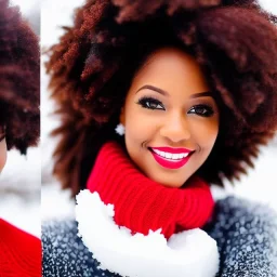 Woman, happy, expressive, emotive, smiling, pouting lips, African American, afro hair, kinky hair, coily hair, blizzard, snow, red sweater, delta sigma theta, snow angel, hazel colored eyes, snow man, snowflake,snowball, hair in high puff, short hair