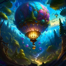 extremely detailed (glowy crystal balloon) with a ((basket tied down)) flying over a forest, looting crystals, at night, whimsical, weid, magical, league of legends, art by MSchiffer, breathtaking sky, 32k resolution, best quality
