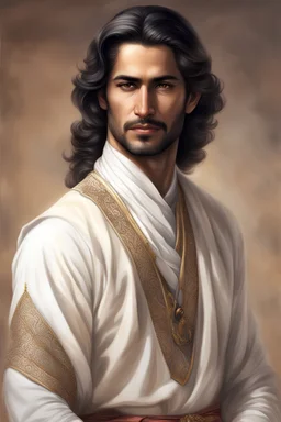 realistic arab prince, late thirties, shoulder-length hair, handsome, modern, in traditional Omani clothing