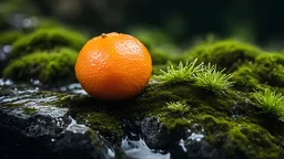 Close up shot of an orange fruit on a wet rock,moss,high details,dark place