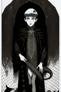 7 year old boy, necromancer, friendly, looks dead,with a long lamprey emerging from his belly , wearing black robes, in the style of Harry Clarke