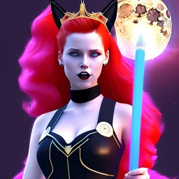 Attractive young teenage girl with fire red hair wearing a galactic tiara, who is dressed like a witch casting a spell with a quarterstaff on the moon, she has cat ears and open dazzling blue eyes, has a normal nose, background is realistic space, the girl is on a planet, black goth girl dress, full body portrait, arm colors gradient effect into stars, rendered, unity 3d, unreal engine, dslr, hdr, 4k, edited, photorealistic, normal number of appendages, freckles, artists rendered,