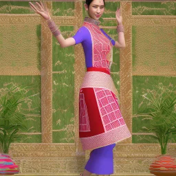 Aesthetic, 3D, Digitized, Hyper realistic, Surreal, Mesmeric, "Assamese Ethnic Tribal / Traditional Woven Women Attire" & Textile (Handloom) Industry themed Mekhela Chador (The bottom half of this distinct dress is called the 'Mekhela ', a round fit used waist downwards over a petticoat) designs, **Featured Designs:** The Revivalist - A young Assamese woman on a mission to revive fading weaving traditions. She combines old and new in her advocacy for mekhela sador. **Appearance:** Fictional fema