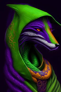 green serpent, purple serpent, hooded orange fox