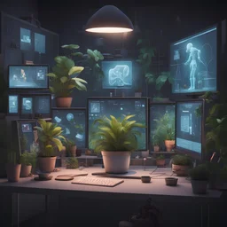 The screen is divided into two parts, with the foreground featuring potted plants, artificial intelligence, watering, and lighting, and the foreground featuring children, computers, darkness, and science.