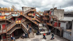 A social housing complex with complex spatial arrangements and non-linear pathways: exterior walkways that intersect diagonally and ramps that ascend without apparent order, all in a seemingly controlled chaos. Materials include rusted metal mesh, exposed concrete, and plywood painted in primary colors. The setting is an industrial suburb with abandoned warehouses and a stormy autumn sky. Numerous people are present: elderly people sitting on steps, teenagers on scooters, and a man walking a dog