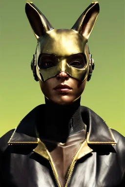 Medium Close Up Portrait, Front image. cyberpunk, rabbit mask, sweet woman, gold hair. Leather, feather suit. Yellow, red, color. War cyborg style. Color background, photo studio. Avatar image, highly detailed, concept art, smooth, unreal engine 5, ray tracing, RTX, lumen lighting, ultra detail, volumetric lighting, 3d, finely drawn, high definition, high resolution.