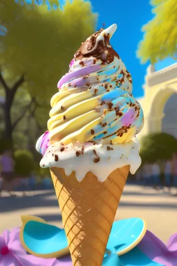 extravagant luxury icecream with extras, on sunny day, bokeh, vibrant color, 8k, RTX, realistic, 3D, Salvador Dali, Alma-Tadema