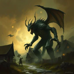 monster attacking a village fantasy grimdark horror