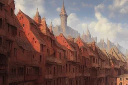 hyper realistic oil painting of a medieval city, houses made out of red stone, houses made out of white stone, hyper detailed, high contrast, bright, summer, blue skies, by greg rutkowski, trending on artstation