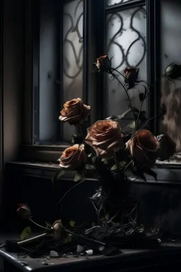 Image of burnt roses in a dystopian apartement