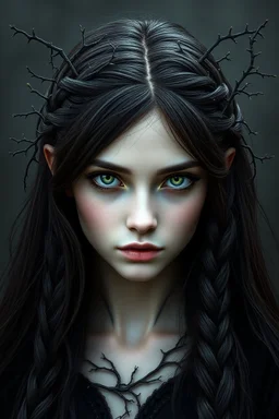 Young beautiful female Hexblood Warlock, long dark brown-black hair styled in elegant half-braids, glowing pale emerald-green eyes, delicate facial features. Thin twisted black thorn-like branches grow naturally from one side of her head, weaving seamlessly through her hair like an eerie crown, with tiny dark leaves and vine-like roots blending into her scalp. Faint dark vine markings trail along her neck and collarbone. Dark fantasy, realistic, cinematic, highly detailed.
