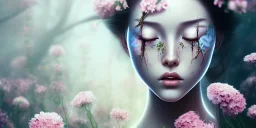 girl buried in flowers, dead, beautiful, eyes closed, dead