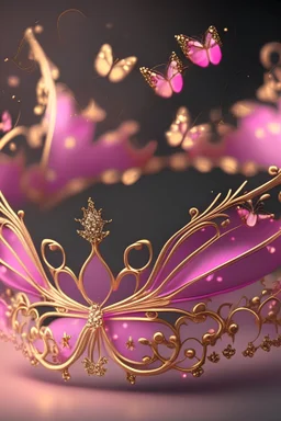 Tiara of gold and shiny big pink diamonds,pink smoke around it, gold butterflies, realistic, cartoon, 8k resolution