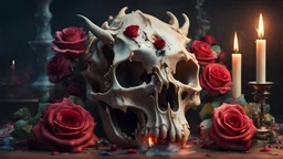 hyperrealistic dragon skull, lit candle on top of the skull, dripping wax, Shakespeare in love, large colored roses with stem, 8K, 3D., 3d render, illustration, typography, cinematic, painting, poster, photo, architecture, product, fashion, anime, graffiti, dark fantasy, wildlife photography, conceptual art, vibrant, portrait photography, bright and vibrant neon colors,