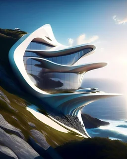 Modern country house on the cliff overlooking the sea Zaha Hadid art sunny weather 8k