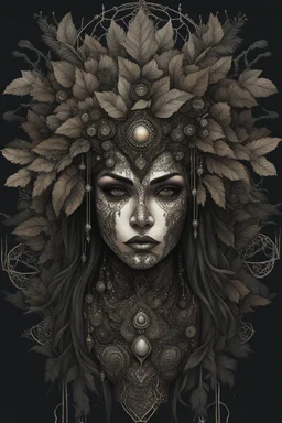 portrait vantblack pouring Acrylic an cyberpunk shaman woman extremely textured botanical-metal faced portrait with a voidcore metal gothica headdress with metallic filigree gothica ornaments around onix stones mineral stone metallic watercolour an black ink filigree silver voidcore shamanism foral ornaments plants and tree branches black ink on half face masque gothica filigree voidcore athmospheric organic bio spiral ökoart creepy stunning