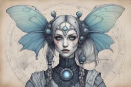 Jean-Baptiste Monge style hand drawn technical, portrait illustration , with detailed blueprints and engineering schematics of a walking hybrid Luna moth goth girl, with highly detailed facial features with multi cellular eyes, drawings, and technical notation, 8k, vibrant natural colors,