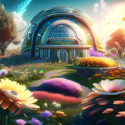 Futuristic country house science fiction hyper-realistic flower garden warm weather 8k