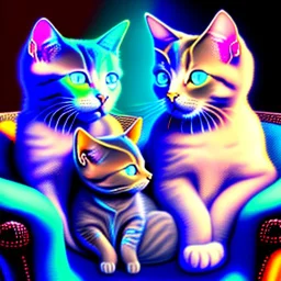 A cat with blue eyes is sitting on an armchair and next to her are three sweet and beautiful kittens against a black background and they are all looking at the camera, computer graphics by Louis Wayne, Behans, psychedelic art, quantum wave racing, psychedelic, mystical