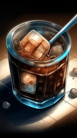 illustration of an ice cube, a coffee bean is frozen inside ice cube and ice cube has a straw, ggraphic, studio lighting, shot from above, muted colors, vector look, Watercolor, trending on artstation, sharp focus, studio photo, intricate details, highly detailed, by greg rutkowski